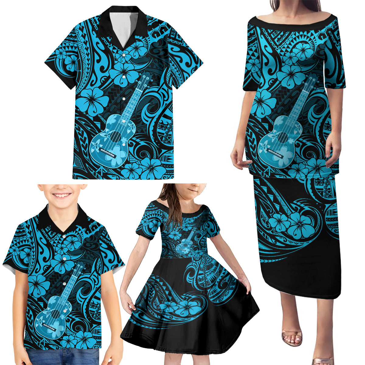 Hawaii Ukulele Family Matching Puletasi Dress and Hawaiian Shirt Polynesian Pattern Sky Blue Version - Wonder Print Shop