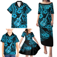 Hawaii Ukulele Family Matching Puletasi Dress and Hawaiian Shirt Polynesian Pattern Sky Blue Version - Wonder Print Shop