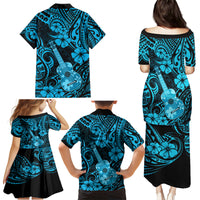 Hawaii Ukulele Family Matching Puletasi Dress and Hawaiian Shirt Polynesian Pattern Sky Blue Version - Wonder Print Shop