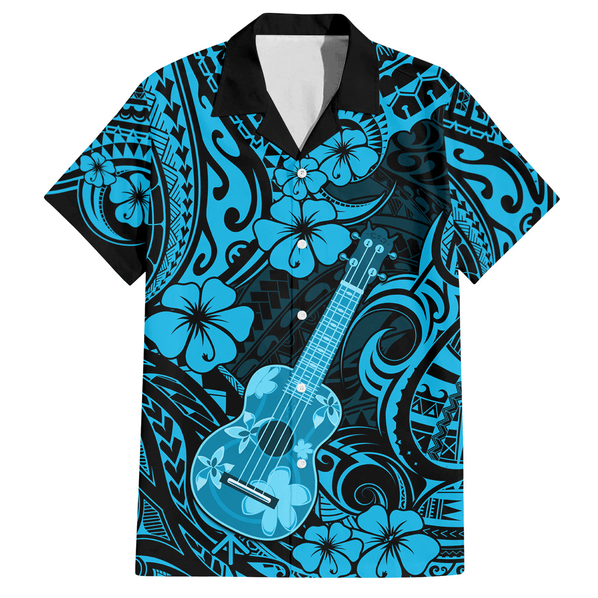Hawaii Ukulele Family Matching Puletasi Dress and Hawaiian Shirt Polynesian Pattern Sky Blue Version - Wonder Print Shop