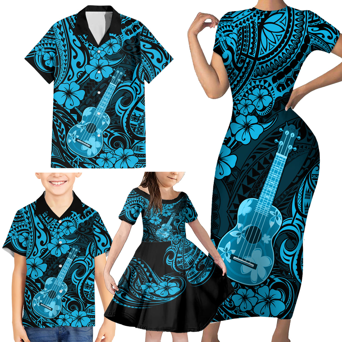 Hawaii Ukulele Family Matching Short Sleeve Bodycon Dress and Hawaiian Shirt Polynesian Pattern Sky Blue Version - Wonder Print Shop