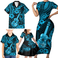 Hawaii Ukulele Family Matching Short Sleeve Bodycon Dress and Hawaiian Shirt Polynesian Pattern Sky Blue Version - Wonder Print Shop