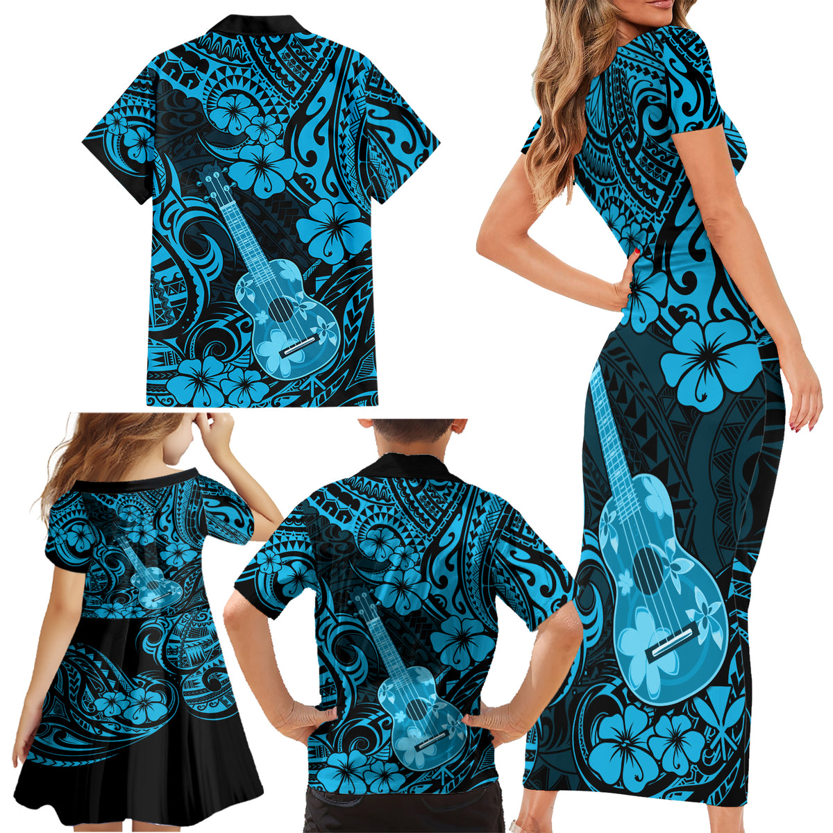 Hawaii Ukulele Family Matching Short Sleeve Bodycon Dress and Hawaiian Shirt Polynesian Pattern Sky Blue Version - Wonder Print Shop