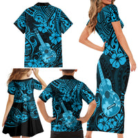Hawaii Ukulele Family Matching Short Sleeve Bodycon Dress and Hawaiian Shirt Polynesian Pattern Sky Blue Version - Wonder Print Shop
