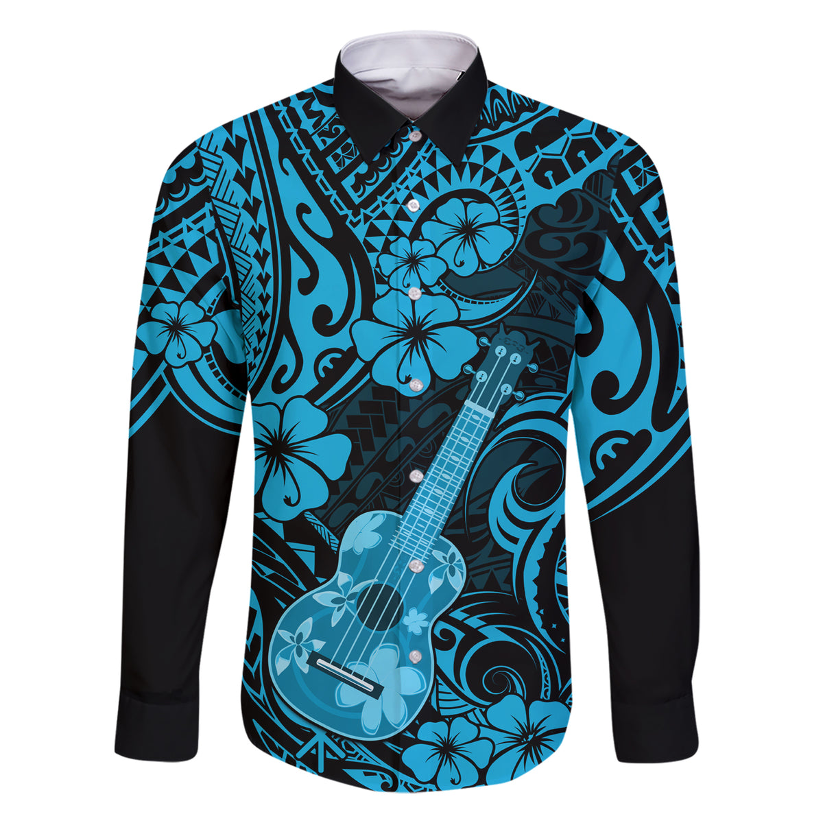 Hawaii Ukulele Family Matching Short Sleeve Bodycon Dress and Hawaiian Shirt Polynesian Pattern Sky Blue Version - Wonder Print Shop