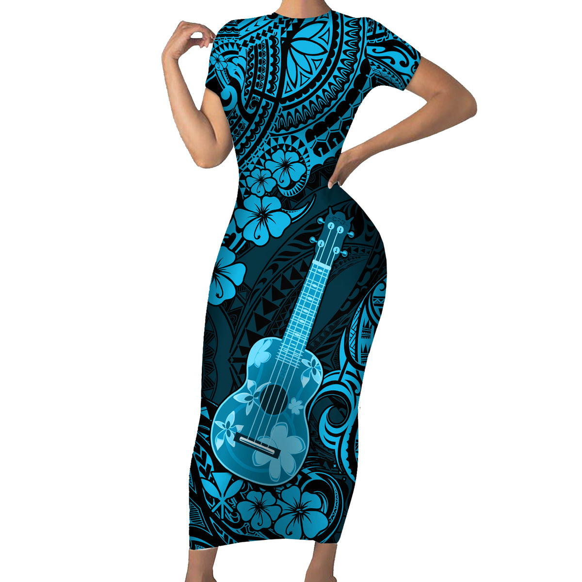 Hawaii Ukulele Family Matching Short Sleeve Bodycon Dress and Hawaiian Shirt Polynesian Pattern Sky Blue Version - Wonder Print Shop