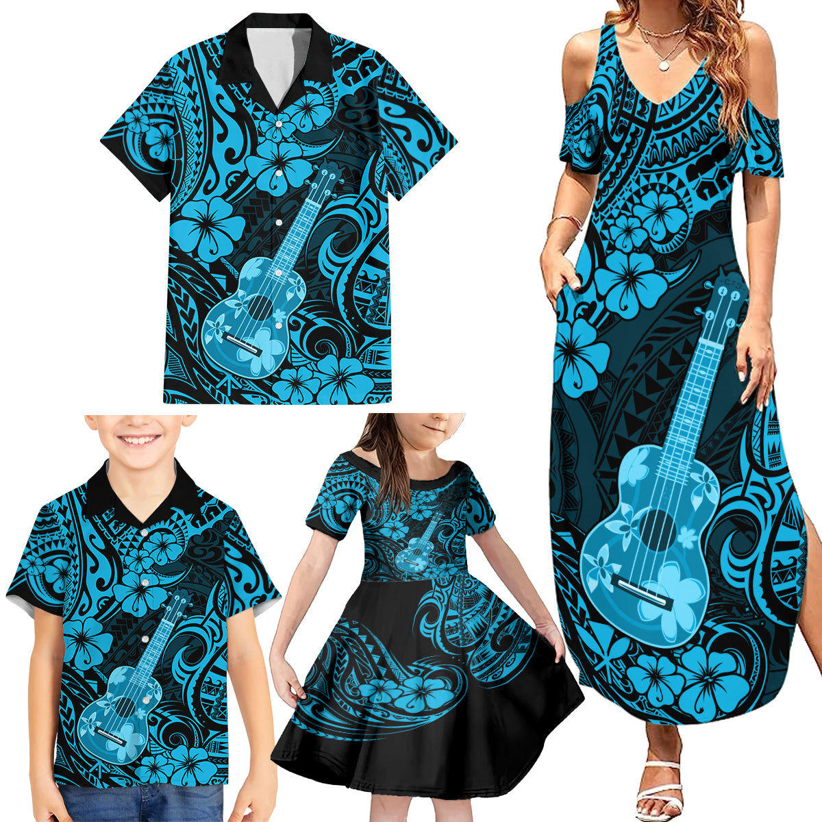 Hawaii Ukulele Family Matching Summer Maxi Dress and Hawaiian Shirt Polynesian Pattern Sky Blue Version - Wonder Print Shop