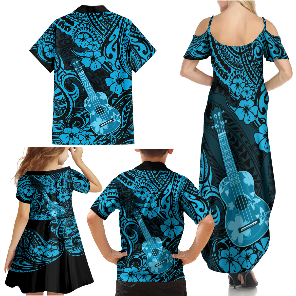 Hawaii Ukulele Family Matching Summer Maxi Dress and Hawaiian Shirt Polynesian Pattern Sky Blue Version - Wonder Print Shop