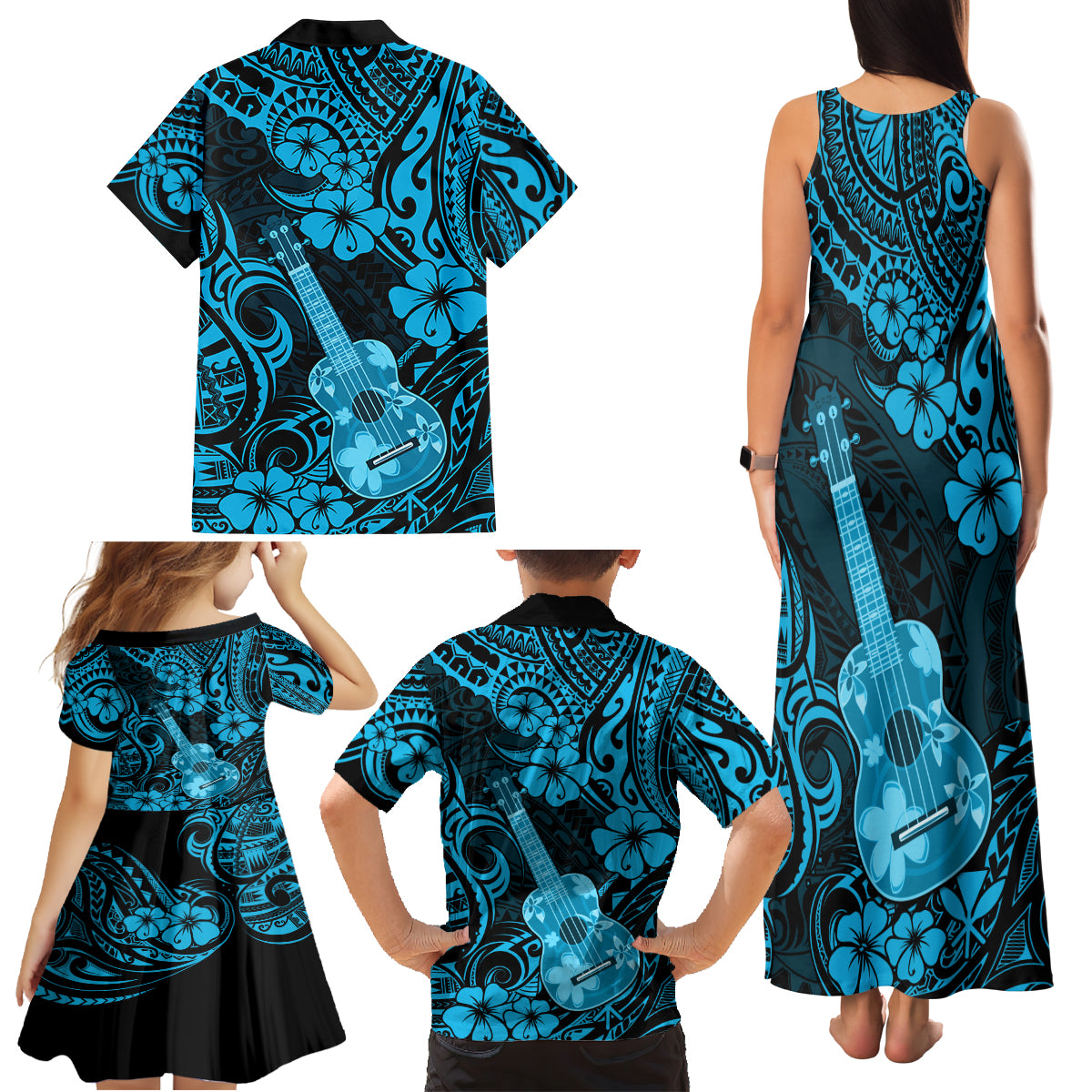 Hawaii Ukulele Family Matching Tank Maxi Dress and Hawaiian Shirt Polynesian Pattern Sky Blue Version - Wonder Print Shop