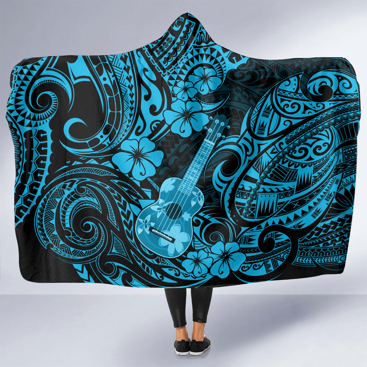 hawaii-ukulele-hooded-blanket-polynesian-pattern-sky-blue-version