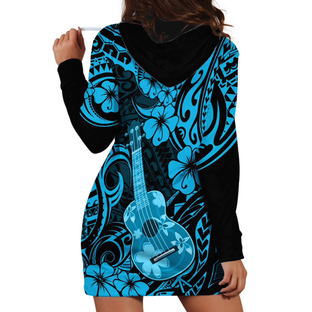 Hawaii Ukulele Hoodie Dress Polynesian Pattern Sky Blue Version - Wonder Print Shop