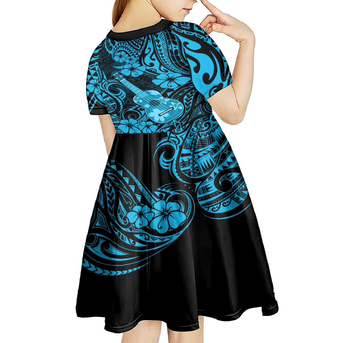 Hawaii Ukulele Kid Short Sleeve Dress Polynesian Pattern Sky Blue Version - Wonder Print Shop