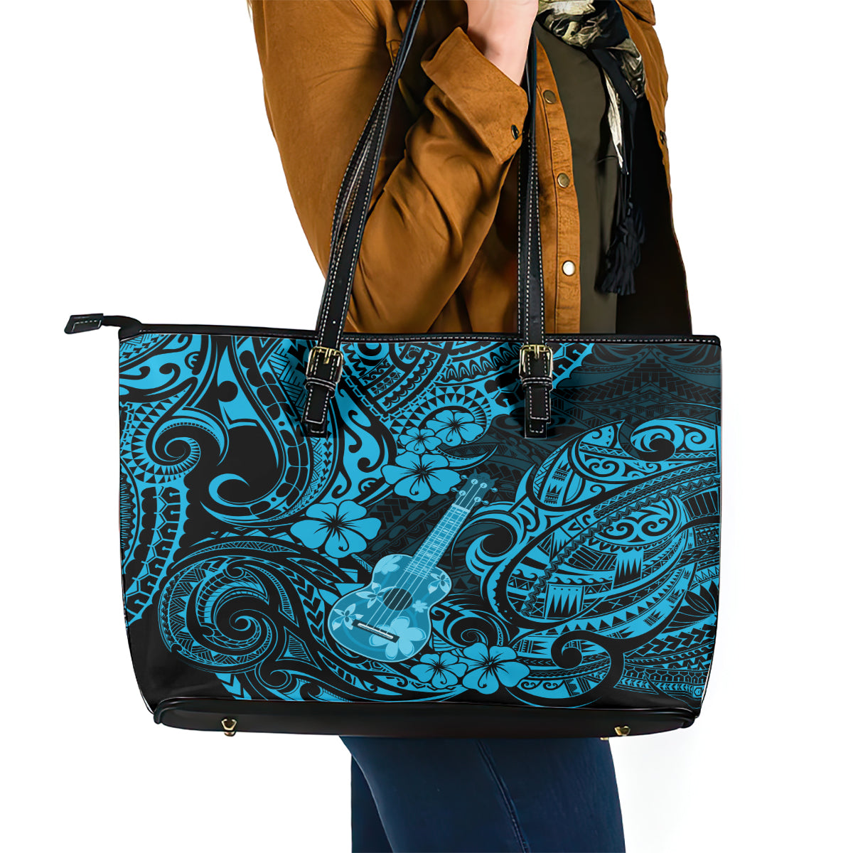 Hawaii Ukulele Leather Tote Bag Polynesian Pattern Sky Blue Version - Wonder Print Shop
