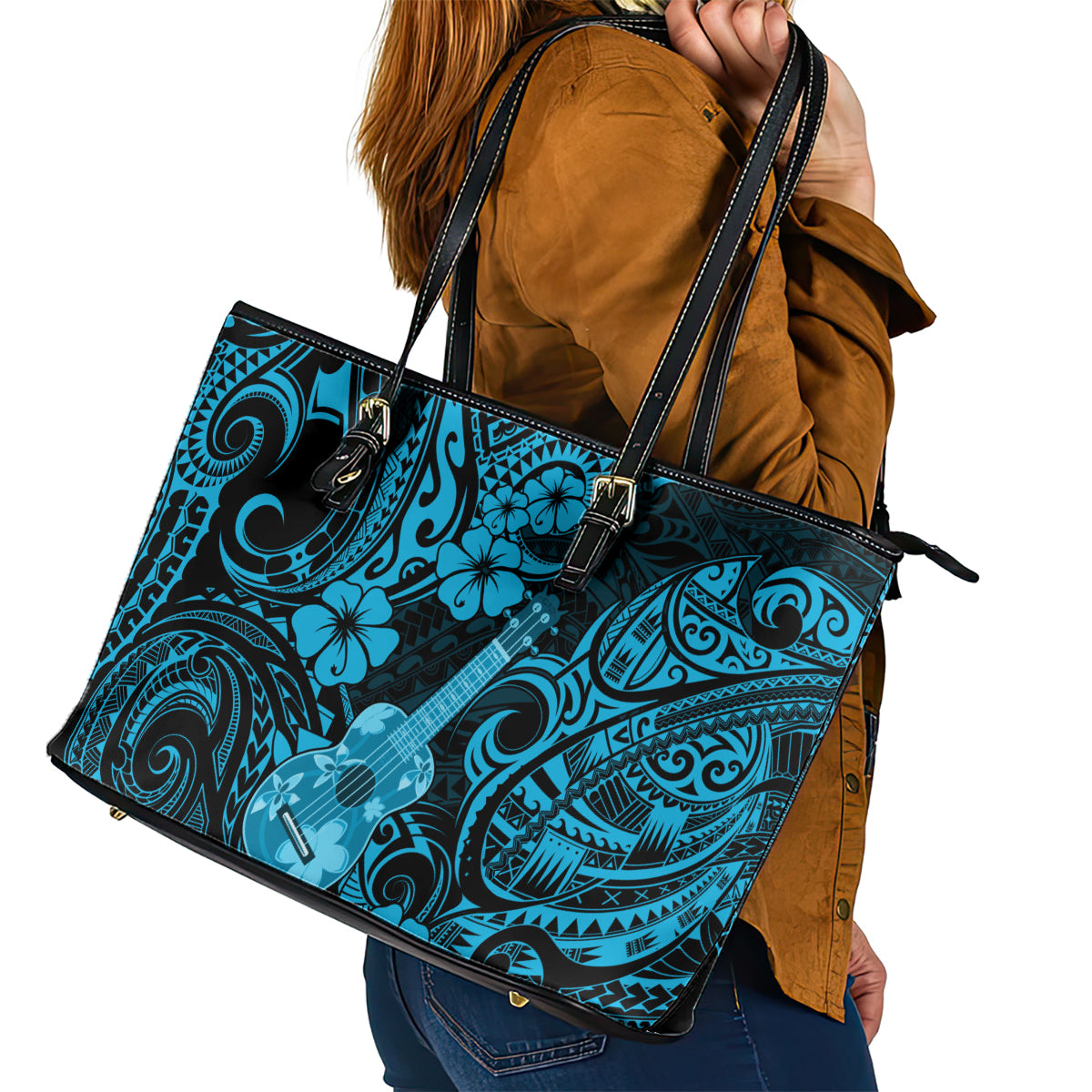Hawaii Ukulele Leather Tote Bag Polynesian Pattern Sky Blue Version - Wonder Print Shop