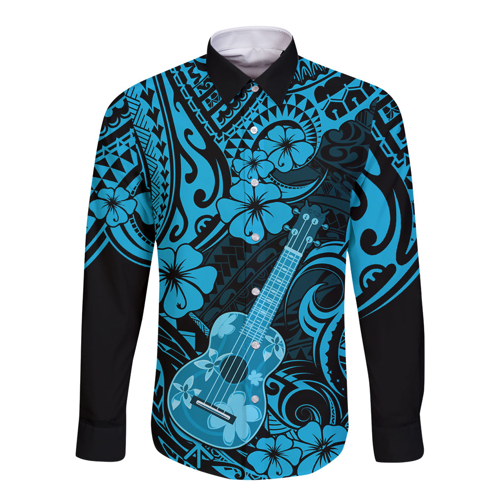 Hawaii Ukulele Long Sleeve Button Shirt Polynesian Pattern Sky Blue Version - Wonder Print Shop