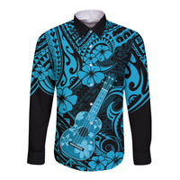 Hawaii Ukulele Long Sleeve Button Shirt Polynesian Pattern Sky Blue Version - Wonder Print Shop