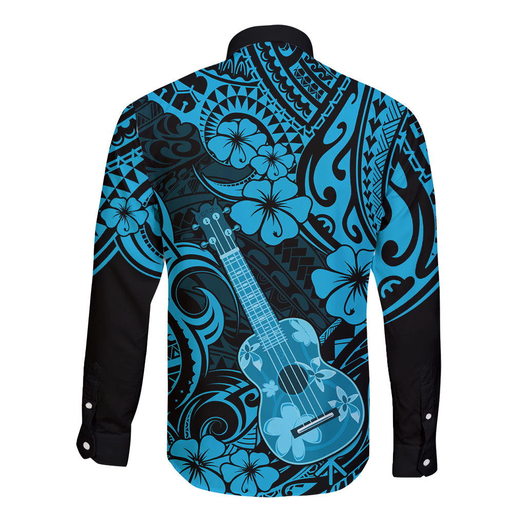 Hawaii Ukulele Long Sleeve Button Shirt Polynesian Pattern Sky Blue Version - Wonder Print Shop