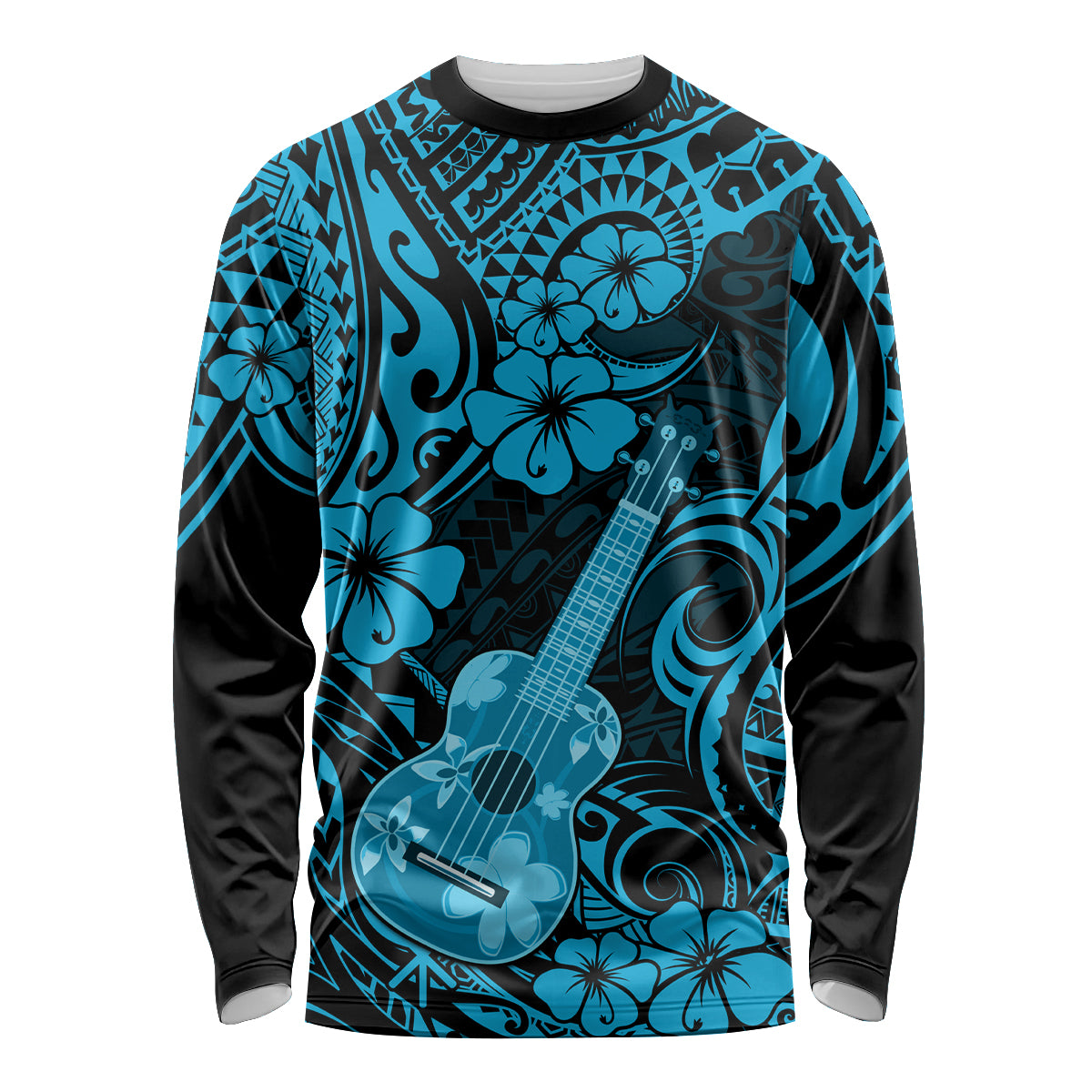 Hawaii Ukulele Long Sleeve Shirt Polynesian Pattern Sky Blue Version - Wonder Print Shop