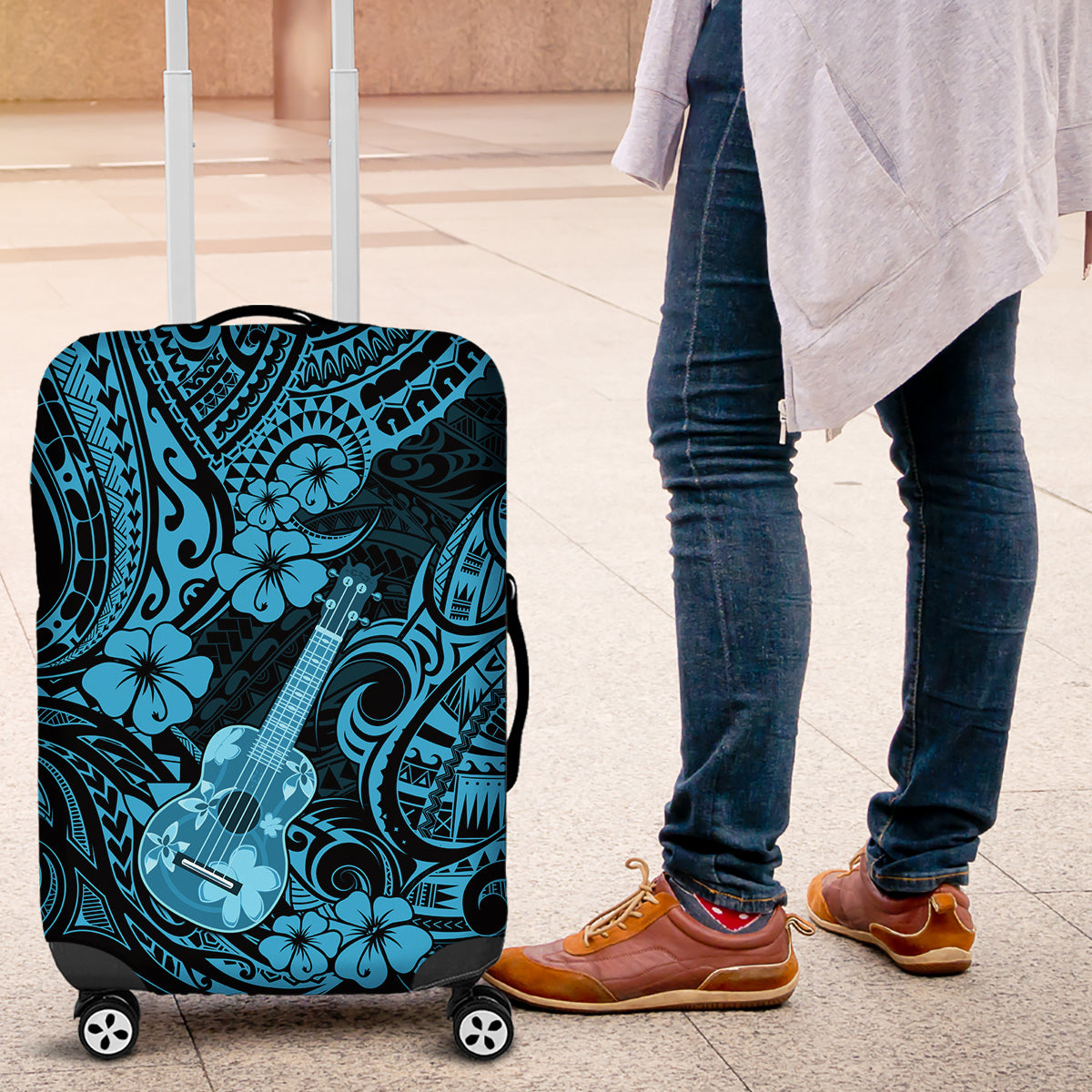 Hawaii Ukulele Luggage Cover Polynesian Pattern Sky Blue Version - Wonder Print Shop