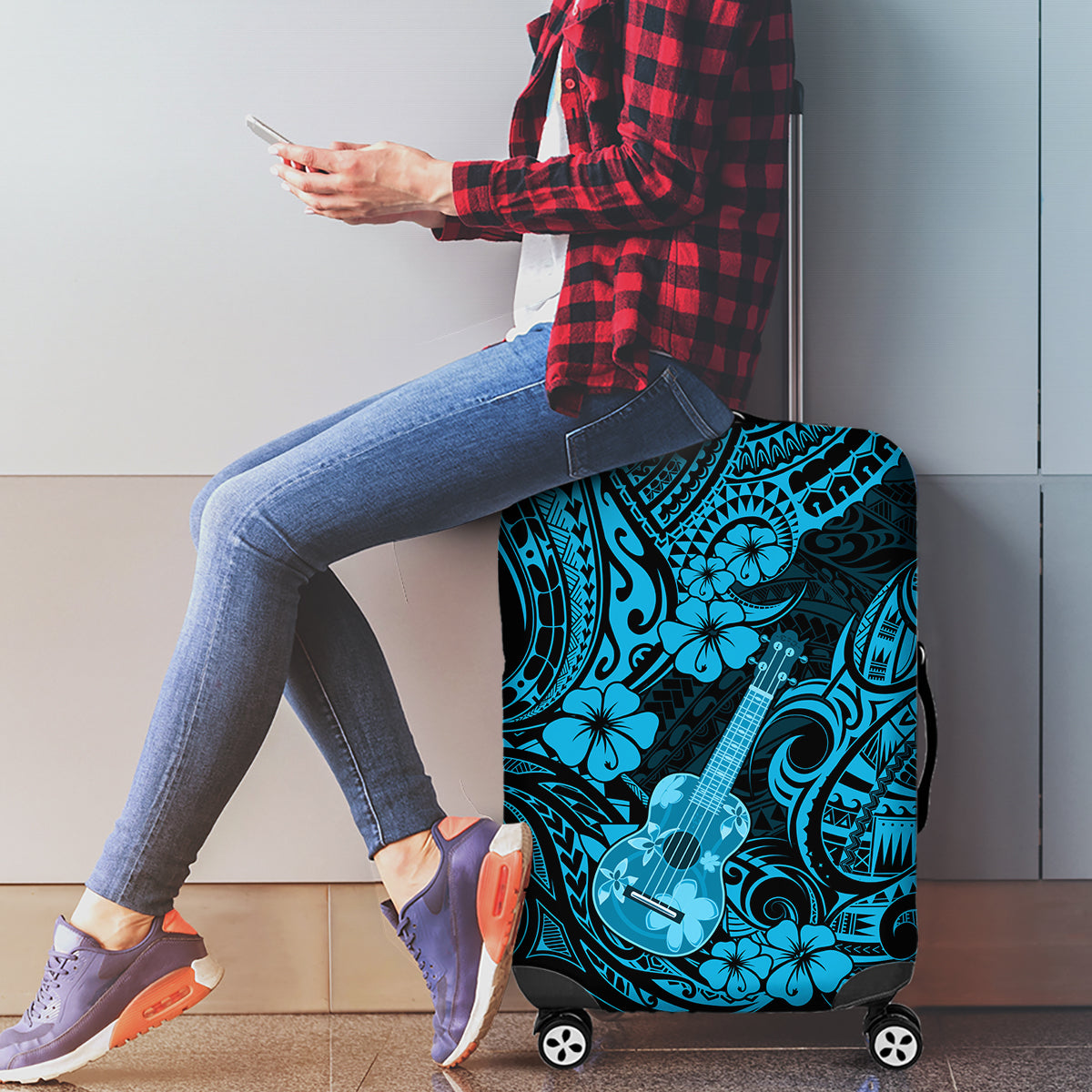 Hawaii Ukulele Luggage Cover Polynesian Pattern Sky Blue Version - Wonder Print Shop