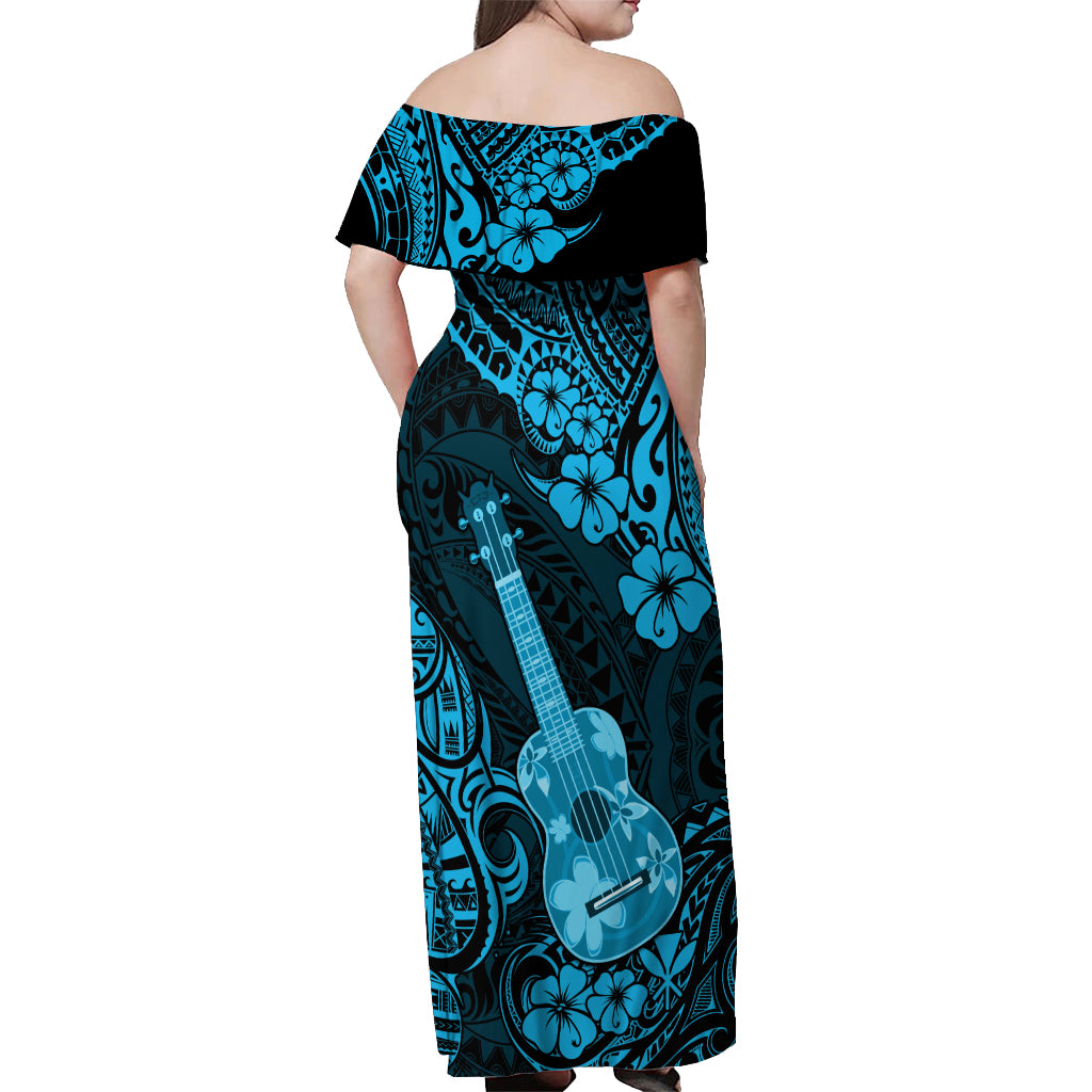 Hawaii Ukulele Off Shoulder Maxi Dress Polynesian Pattern Sky Blue Version - Wonder Print Shop