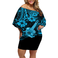 Hawaii Ukulele Off Shoulder Short Dress Polynesian Pattern Sky Blue Version - Wonder Print Shop