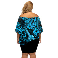 Hawaii Ukulele Off Shoulder Short Dress Polynesian Pattern Sky Blue Version - Wonder Print Shop