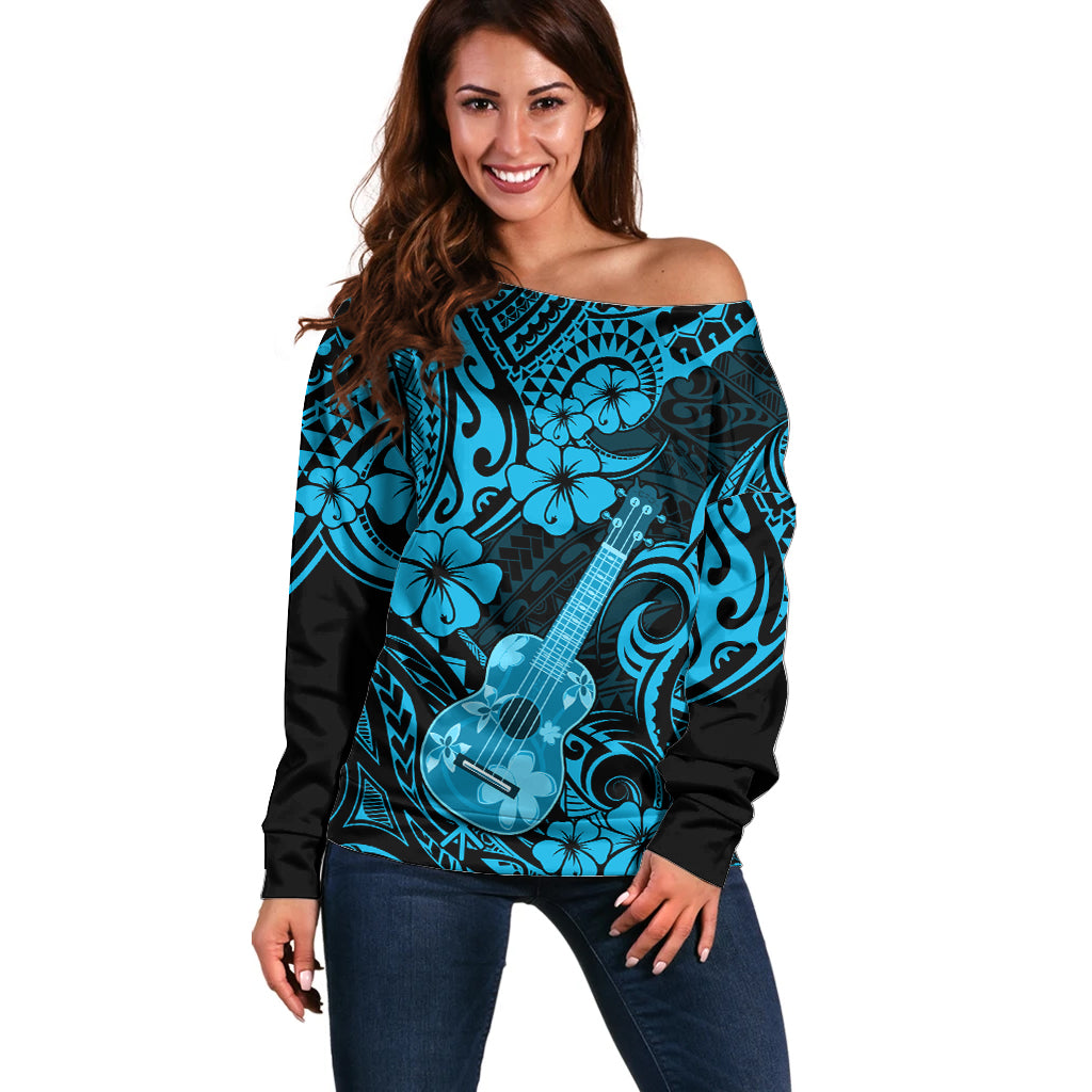Hawaii Ukulele Off Shoulder Sweater Polynesian Pattern Sky Blue Version - Wonder Print Shop