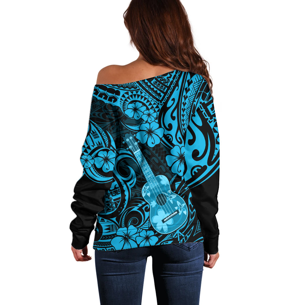 Hawaii Ukulele Off Shoulder Sweater Polynesian Pattern Sky Blue Version - Wonder Print Shop