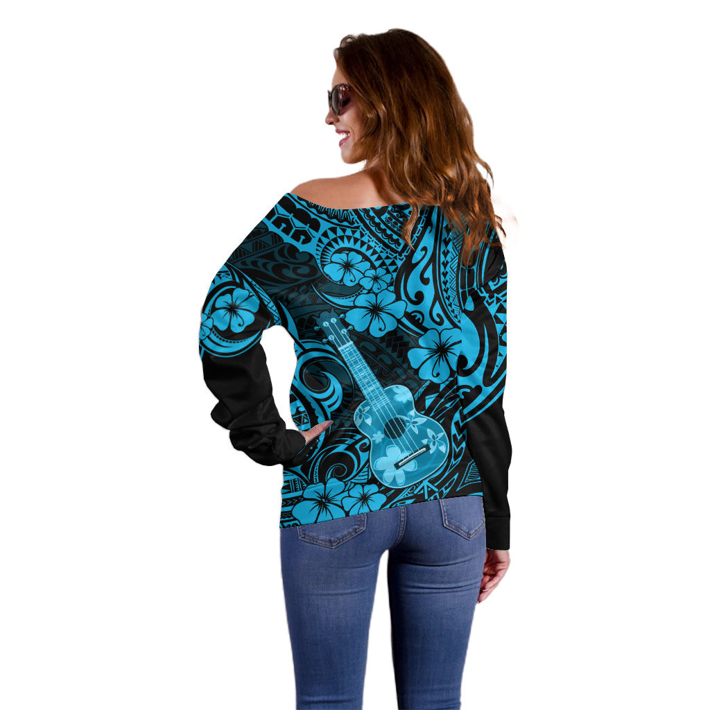 Hawaii Ukulele Off Shoulder Sweater Polynesian Pattern Sky Blue Version - Wonder Print Shop