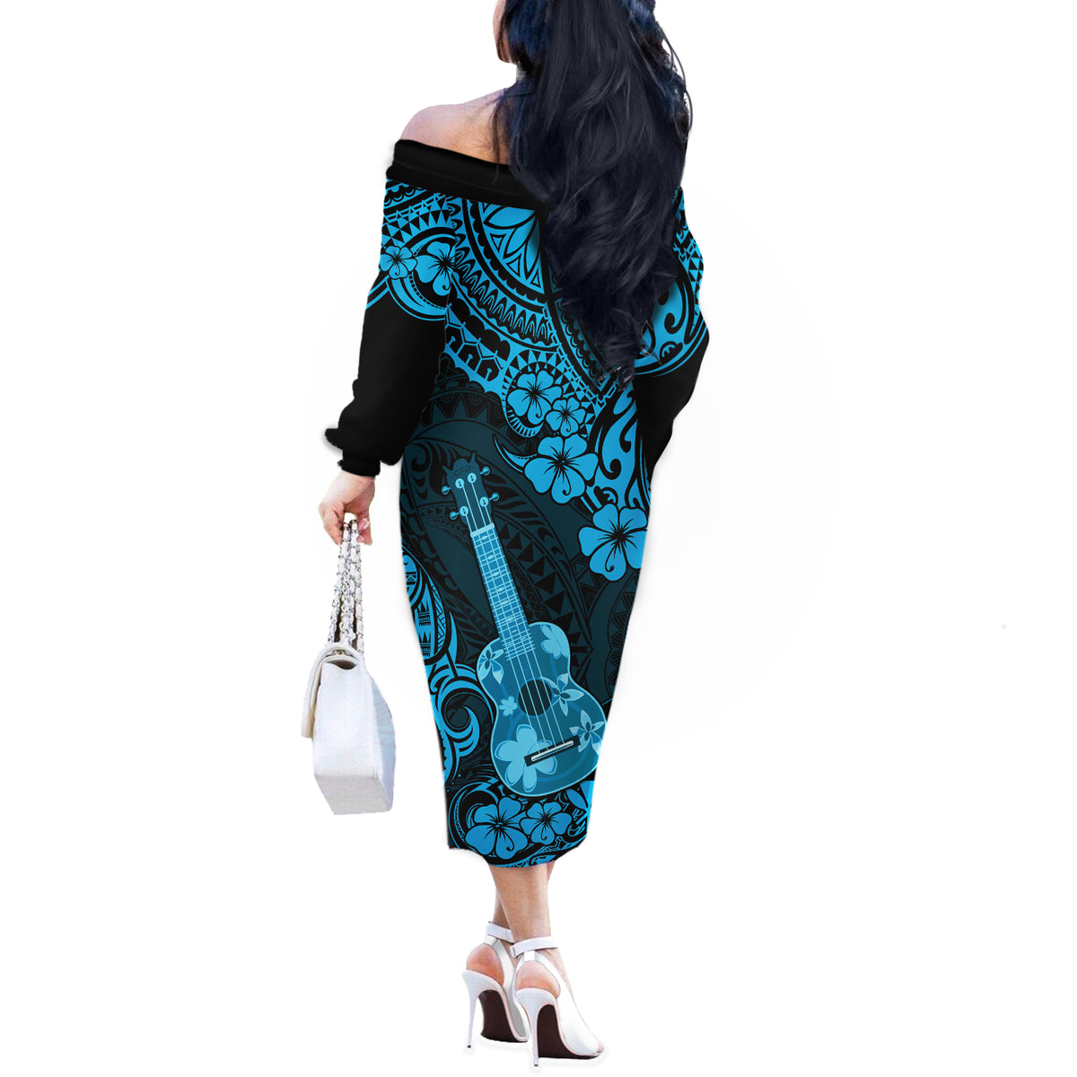 Hawaii Ukulele Off The Shoulder Long Sleeve Dress Polynesian Pattern Sky Blue Version - Wonder Print Shop