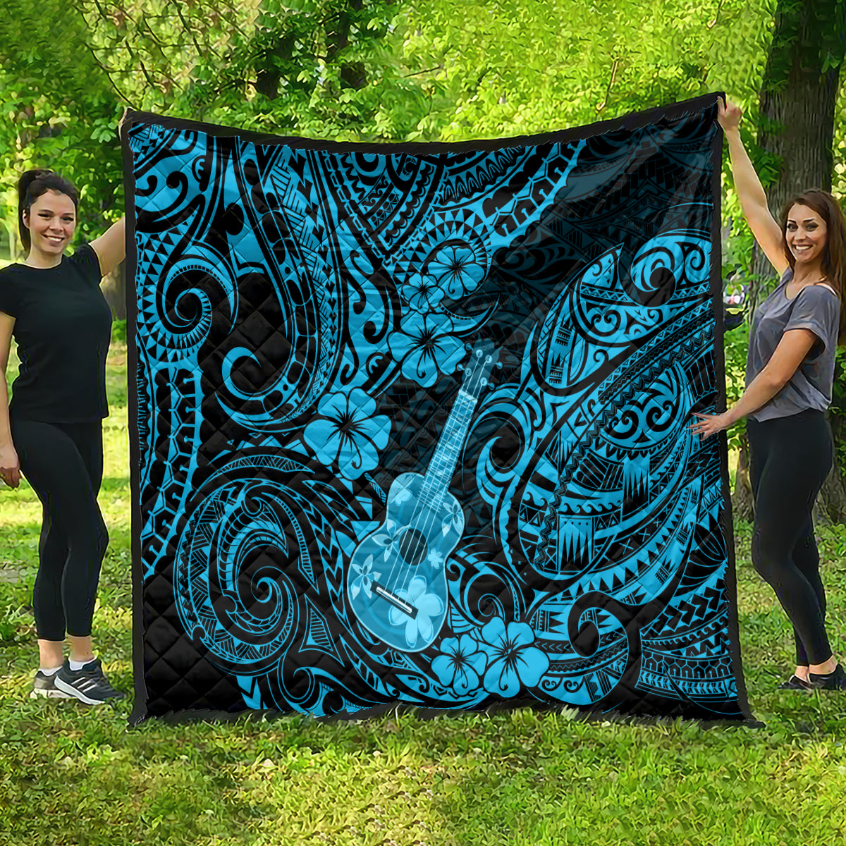 Hawaii Ukulele Quilt Polynesian Pattern Sky Blue Version - Wonder Print Shop