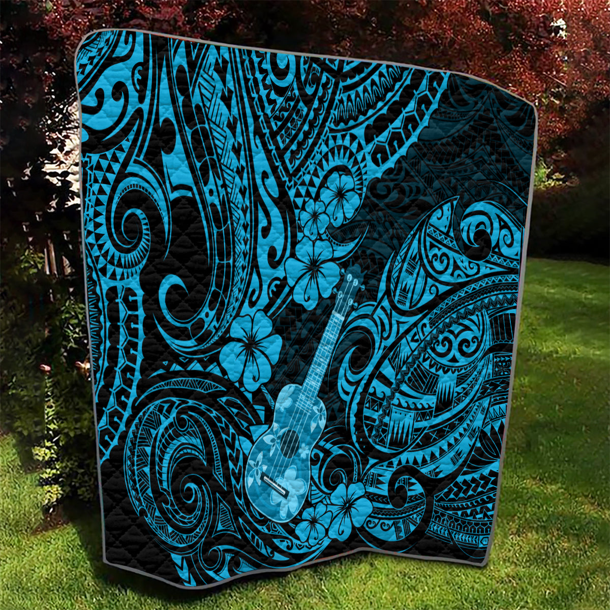 Hawaii Ukulele Quilt Polynesian Pattern Sky Blue Version - Wonder Print Shop