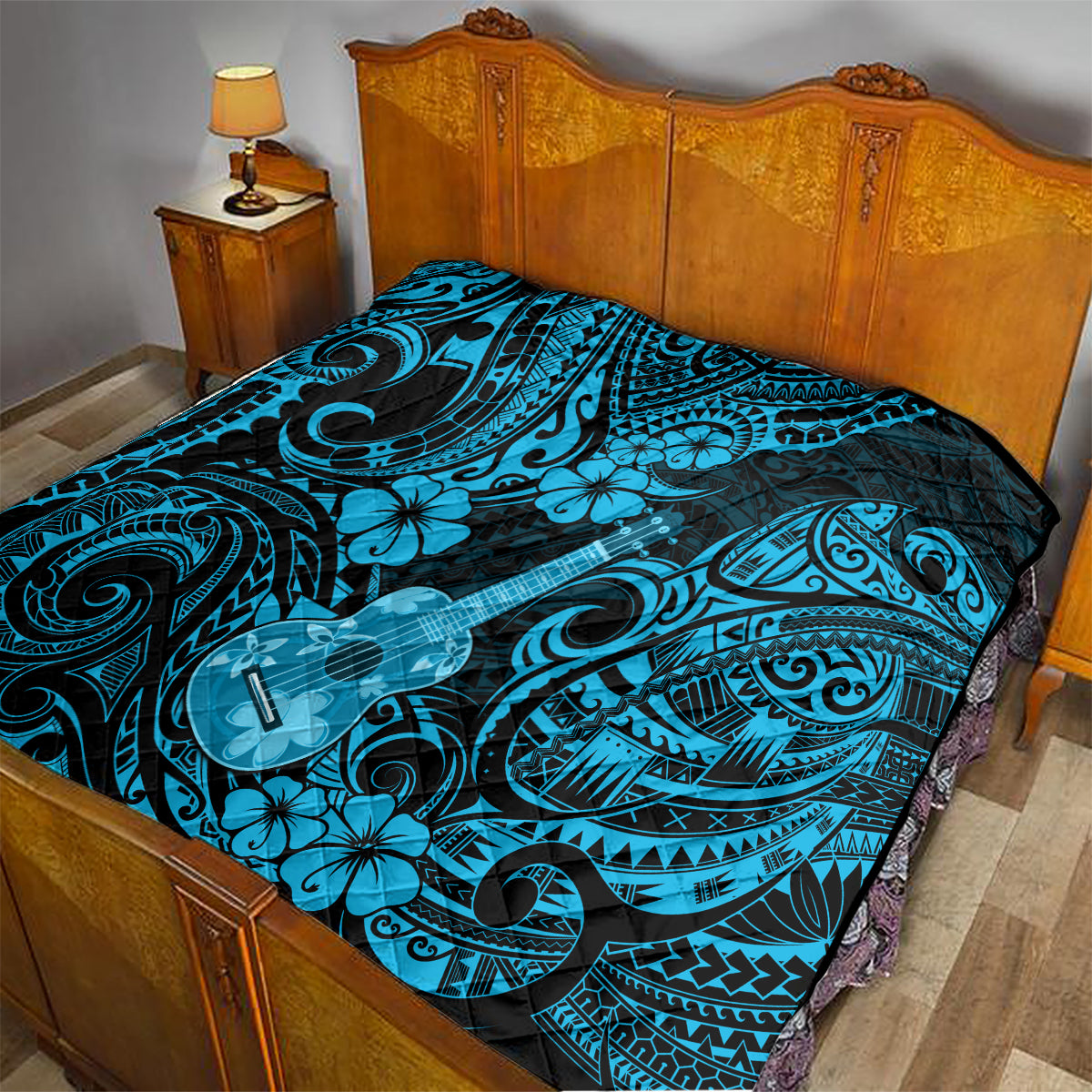 Hawaii Ukulele Quilt Polynesian Pattern Sky Blue Version - Wonder Print Shop