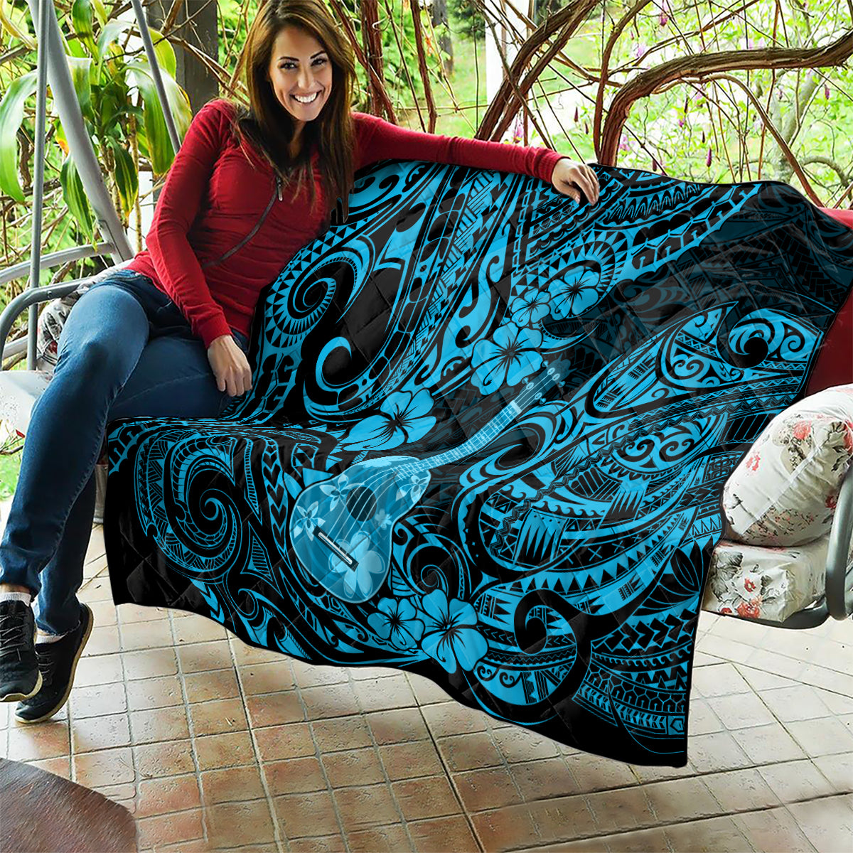 Hawaii Ukulele Quilt Polynesian Pattern Sky Blue Version - Wonder Print Shop