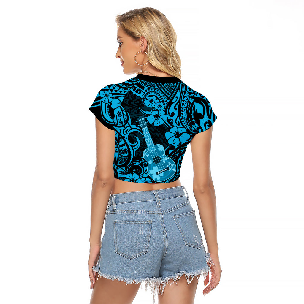 Hawaii Ukulele Raglan Cropped T Shirt Polynesian Pattern Sky Blue Version - Wonder Print Shop