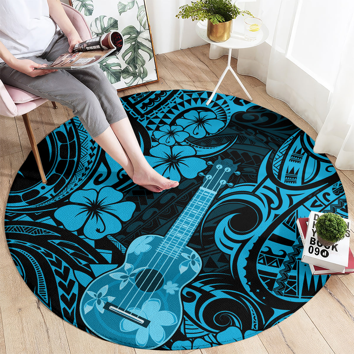 hawaii-ukulele-round-carpet-polynesian-pattern-sky-blue-version