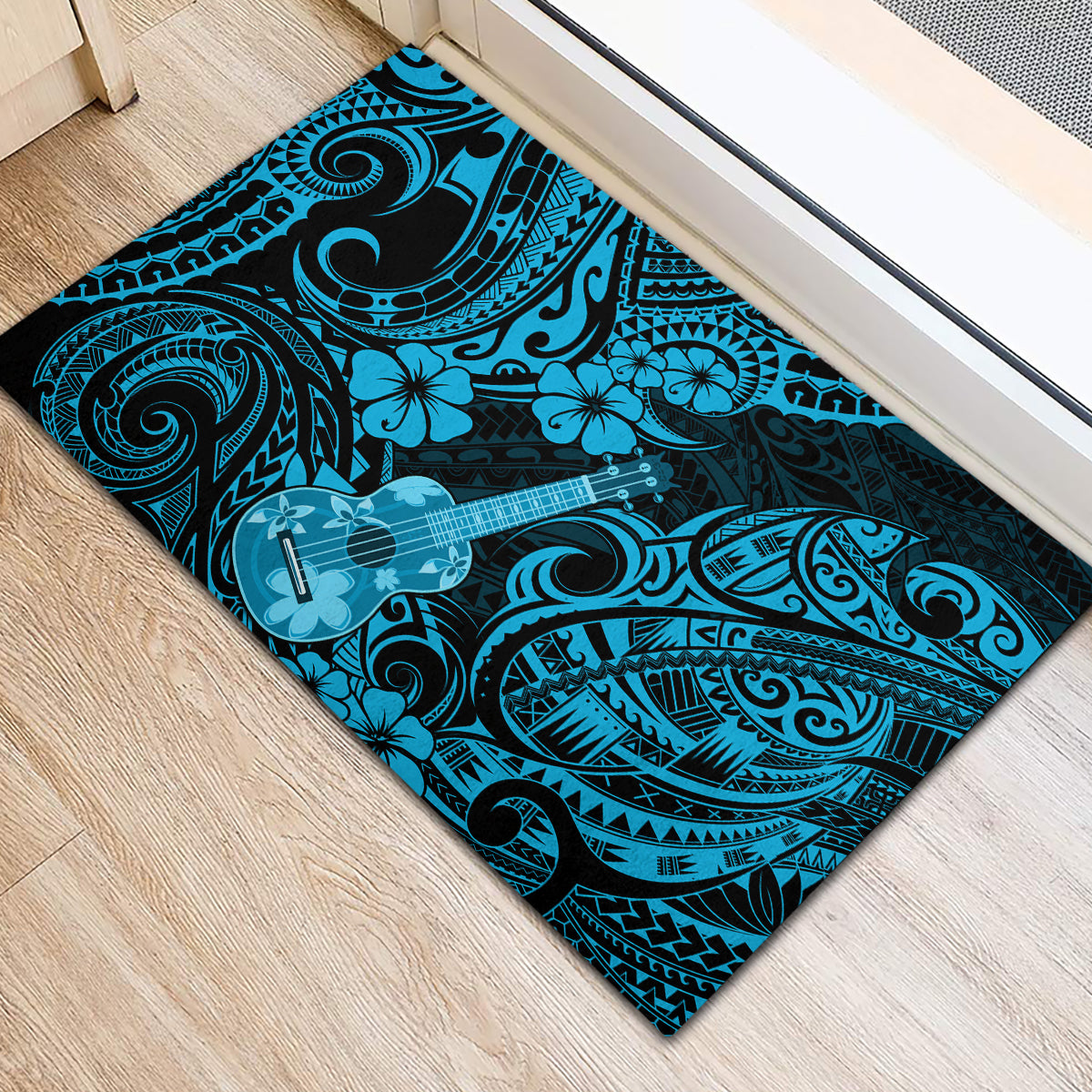 Hawaii Ukulele Rubber Doormat Polynesian Pattern Sky Blue Version - Wonder Print Shop