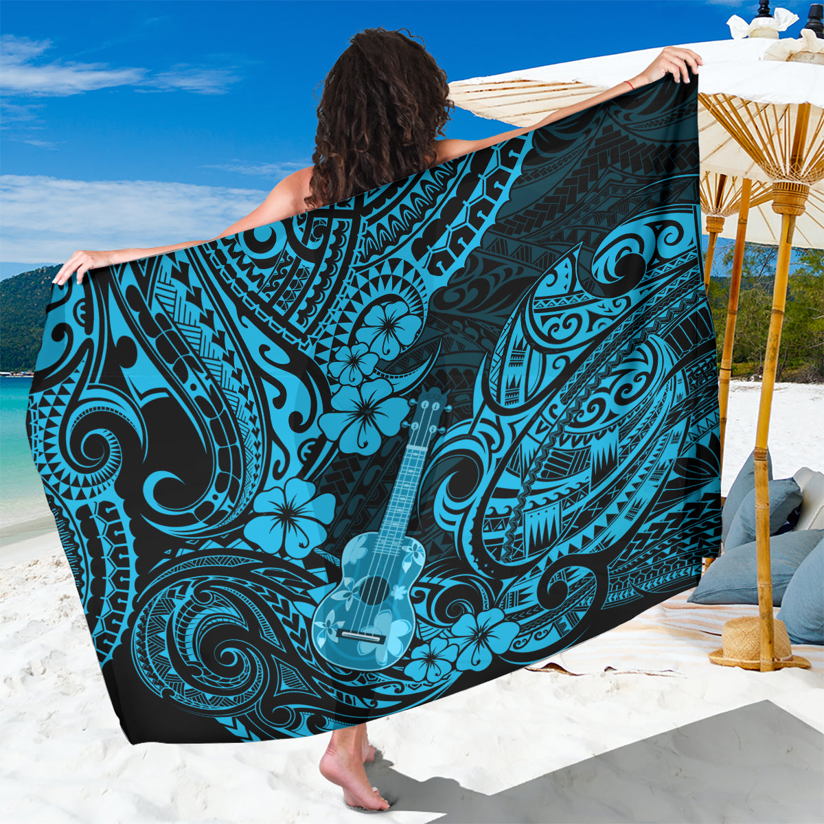 Hawaii Ukulele Sarong Polynesian Pattern Sky Blue Version - Wonder Print Shop