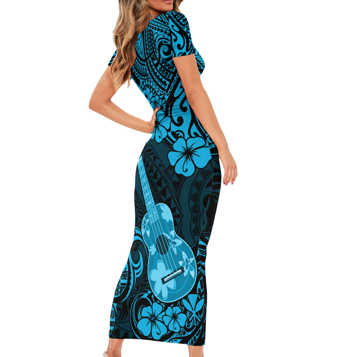 Hawaii Ukulele Short Sleeve Bodycon Dress Polynesian Pattern Sky Blue Version - Wonder Print Shop