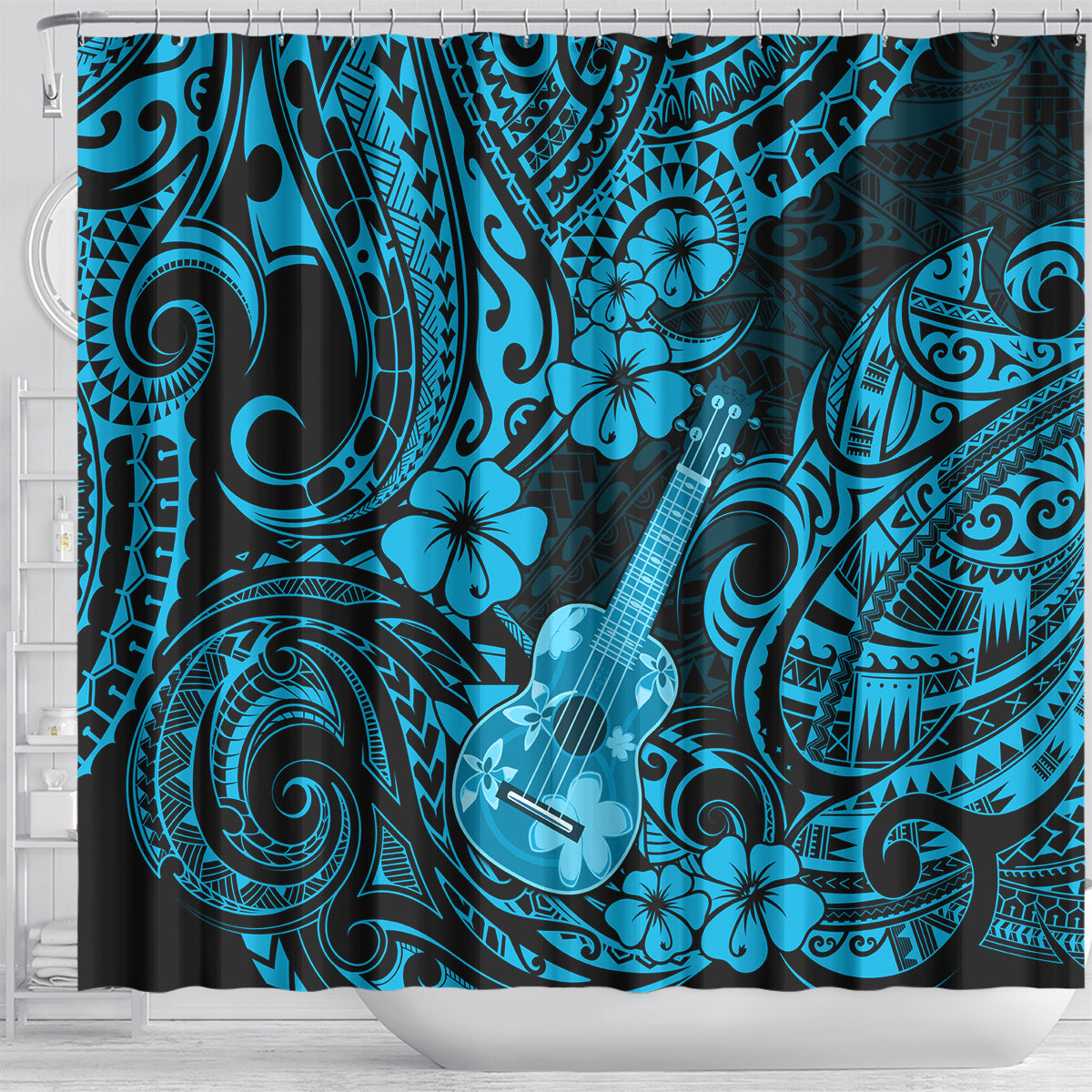 hawaii-ukulele-shower-curtain-polynesian-pattern-sky-blue-version