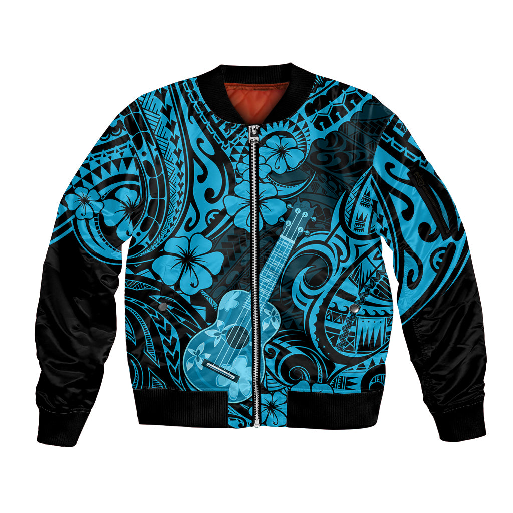 Hawaii Ukulele Sleeve Zip Bomber Jacket Polynesian Pattern Sky Blue Version - Wonder Print Shop