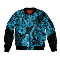 Hawaii Ukulele Sleeve Zip Bomber Jacket Polynesian Pattern Sky Blue Version - Wonder Print Shop