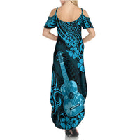 Hawaii Ukulele Summer Maxi Dress Polynesian Pattern Sky Blue Version - Wonder Print Shop