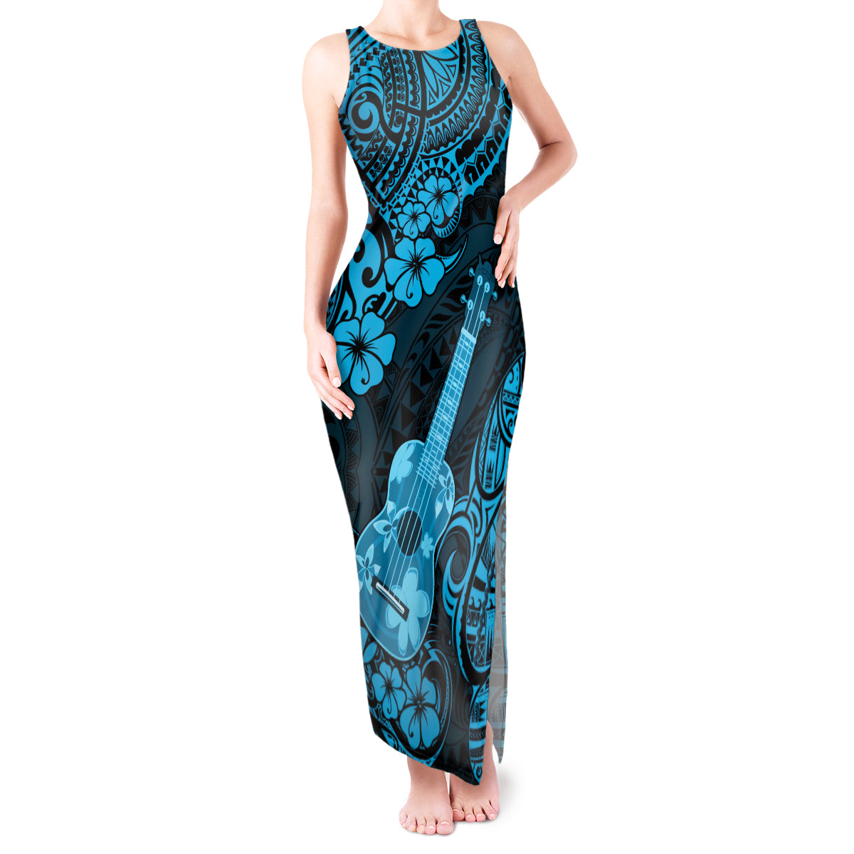 Hawaii Ukulele Tank Maxi Dress Polynesian Pattern Sky Blue Version - Wonder Print Shop