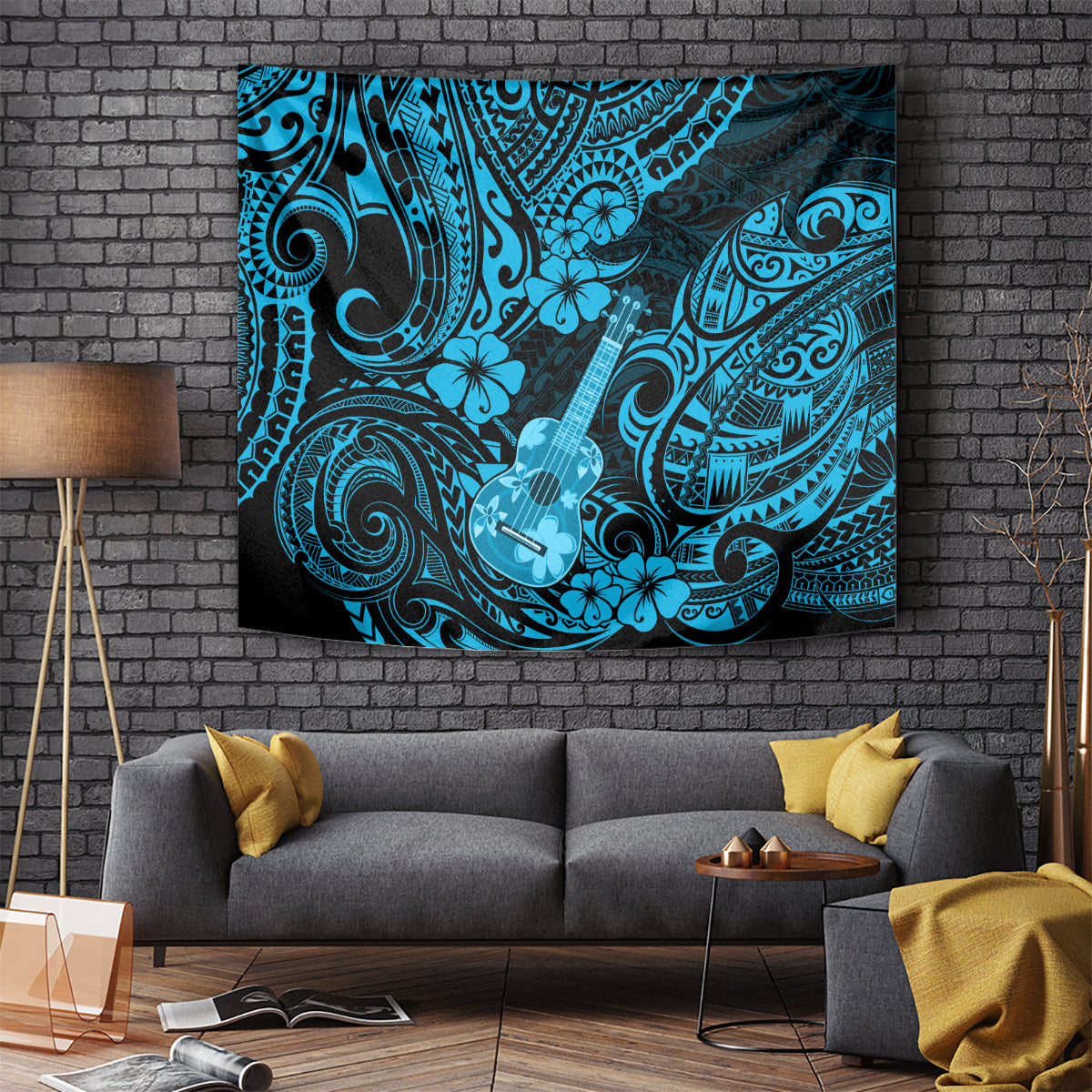 Hawaii Ukulele Tapestry Polynesian Pattern Sky Blue Version - Wonder Print Shop