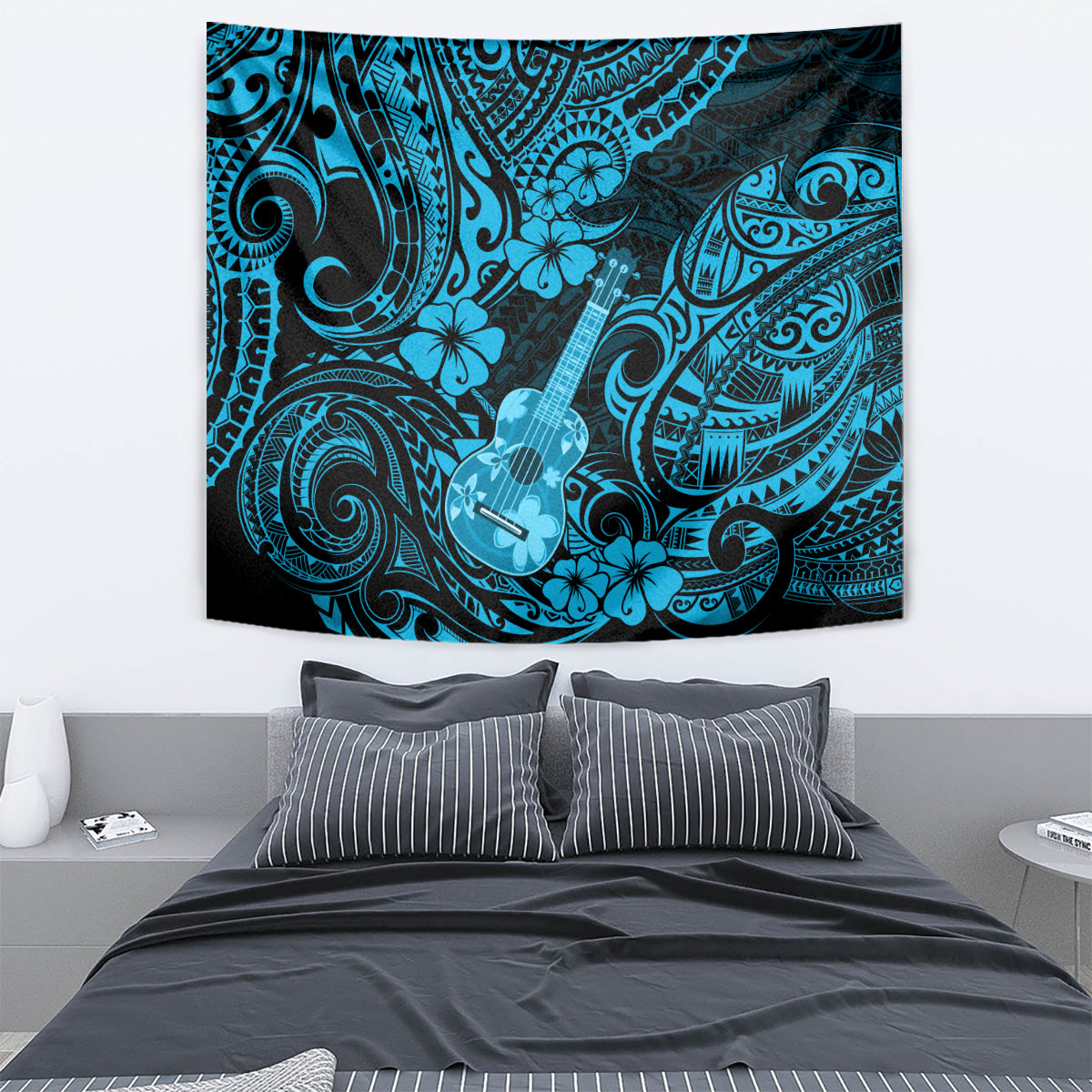 Hawaii Ukulele Tapestry Polynesian Pattern Sky Blue Version - Wonder Print Shop