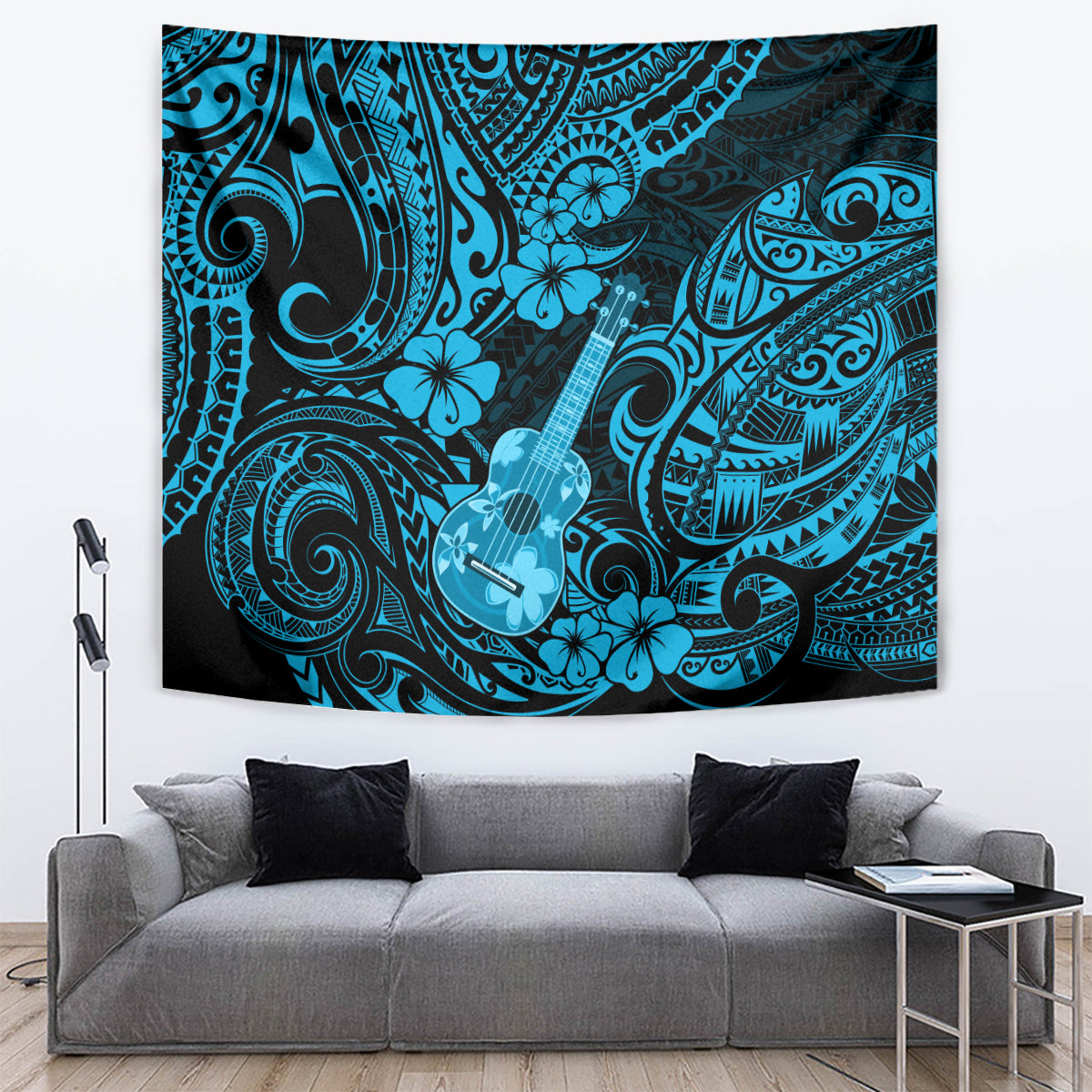 Hawaii Ukulele Tapestry Polynesian Pattern Sky Blue Version - Wonder Print Shop
