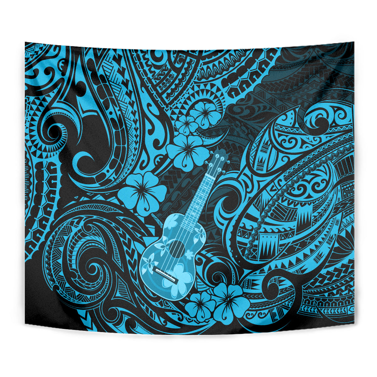 Hawaii Ukulele Tapestry Polynesian Pattern Sky Blue Version - Wonder Print Shop