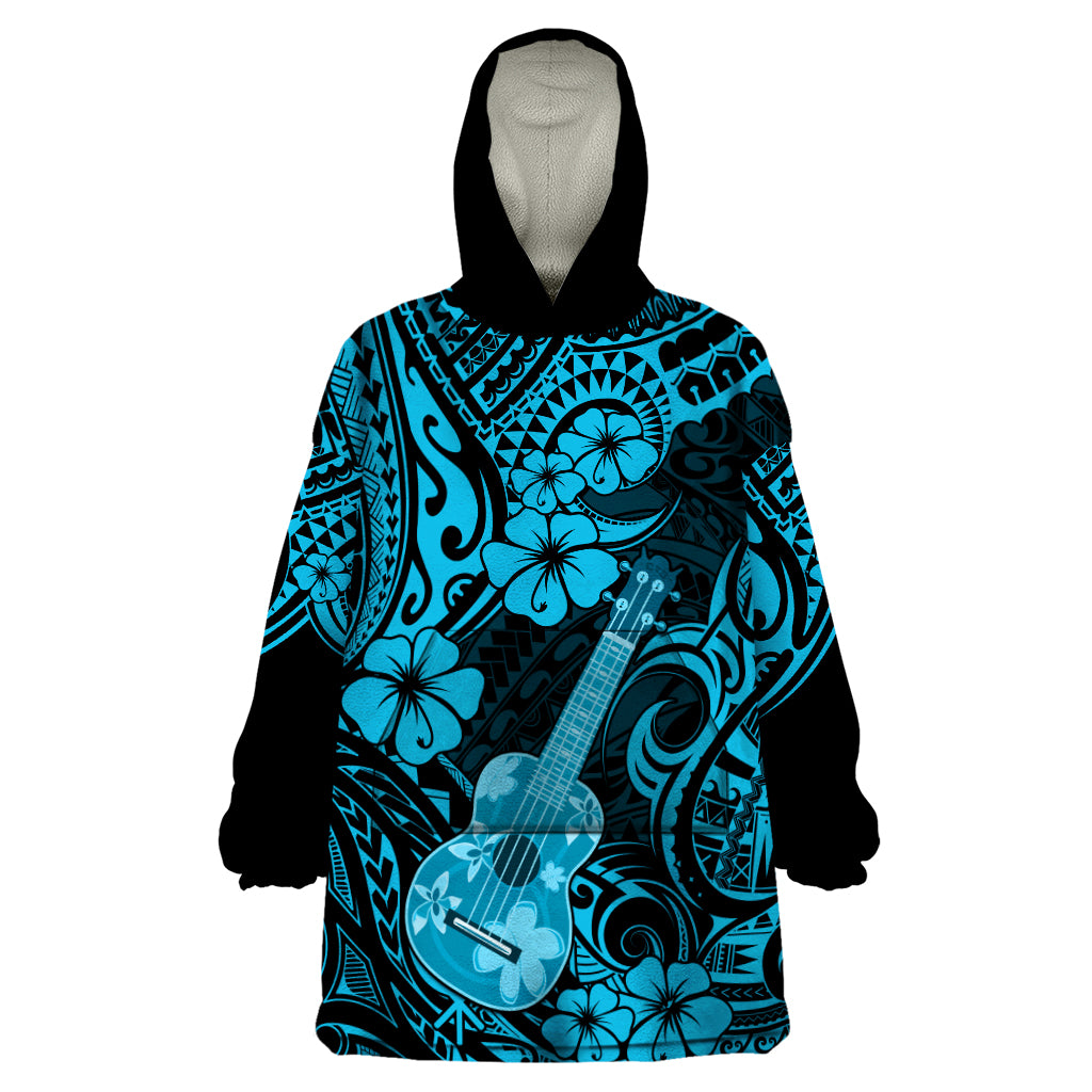 Hawaii Ukulele Wearable Blanket Hoodie Polynesian Pattern Sky Blue Version - Wonder Print Shop